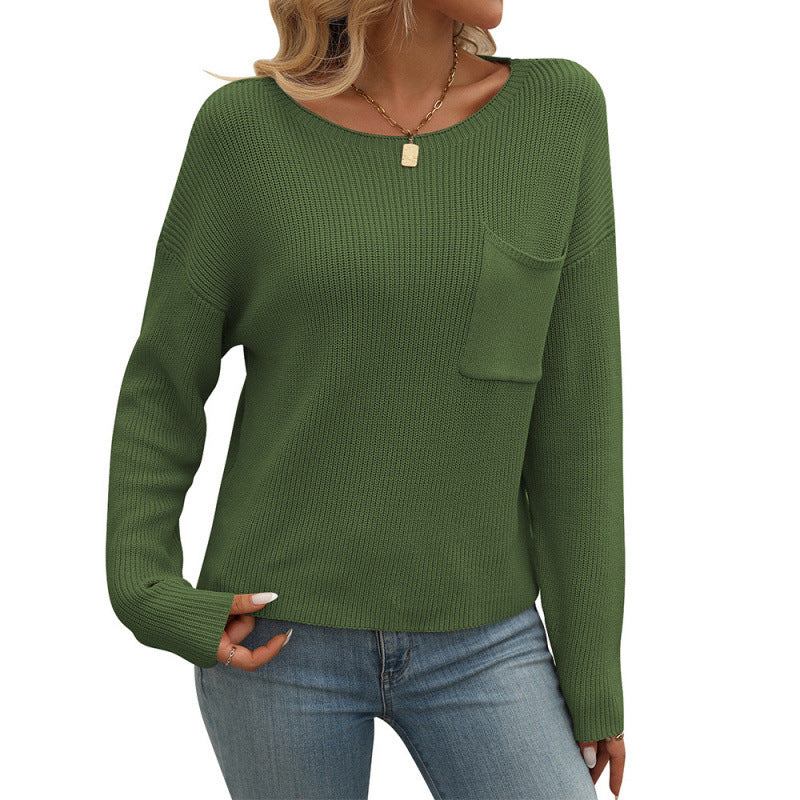 Women's Round Neck Pocket Decorative Top Long Sleeve Sweater