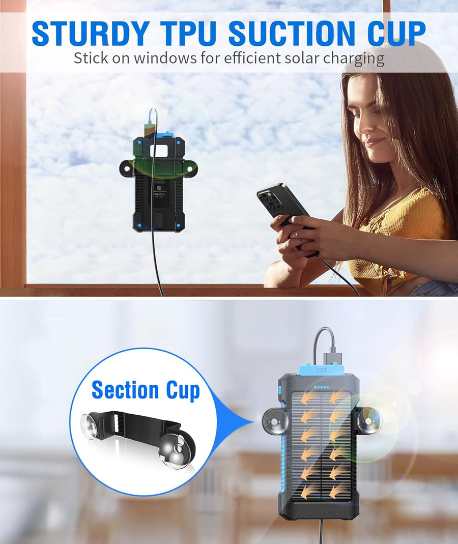 Solar Power Bank 26800mAh with Suction Cup Mount, IP67 Waterproof Solar Charger