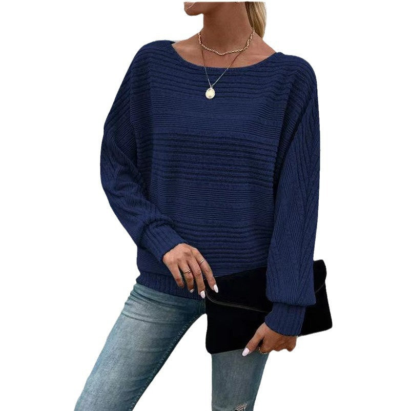 Solid Striped Batwing Sleeves T-shirt Fashion Casual Pullover Round Neck Long Sleeve Top Spring And Autumn Women's Clothing