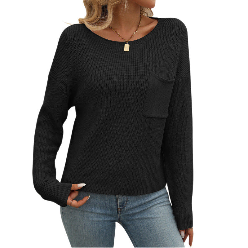 Women's Round Neck Pocket Decorative Top Long Sleeve Sweater