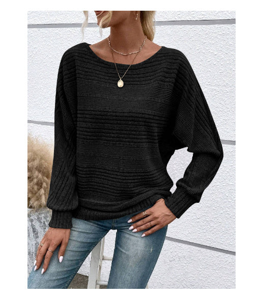Solid Striped Batwing Sleeves T-shirt Fashion Casual Pullover Round Neck Long Sleeve Top Spring And Autumn Women's Clothing